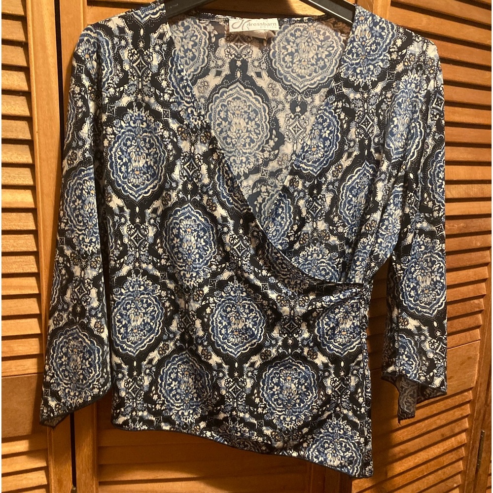 Dress Barn Navy Blue, White, Yellow & Silver Asymmetrical Faux Wrap Top
